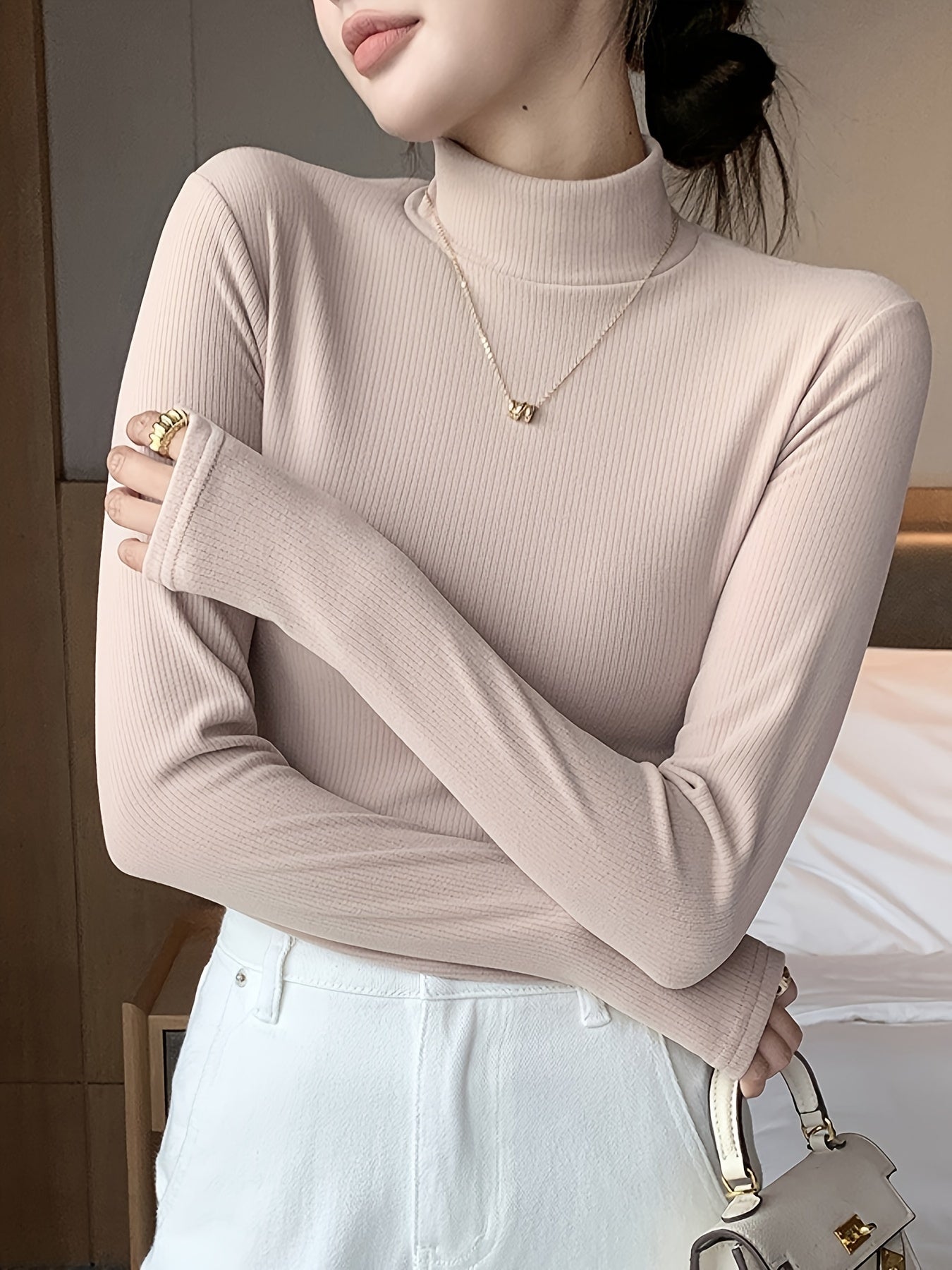 Camiseta De Cuello Alto De Tres Colores, Paquete De 3, Camiseta Delgada De Manga Larga Versátil Para Otoño E Invierno, Ropa De Mujer