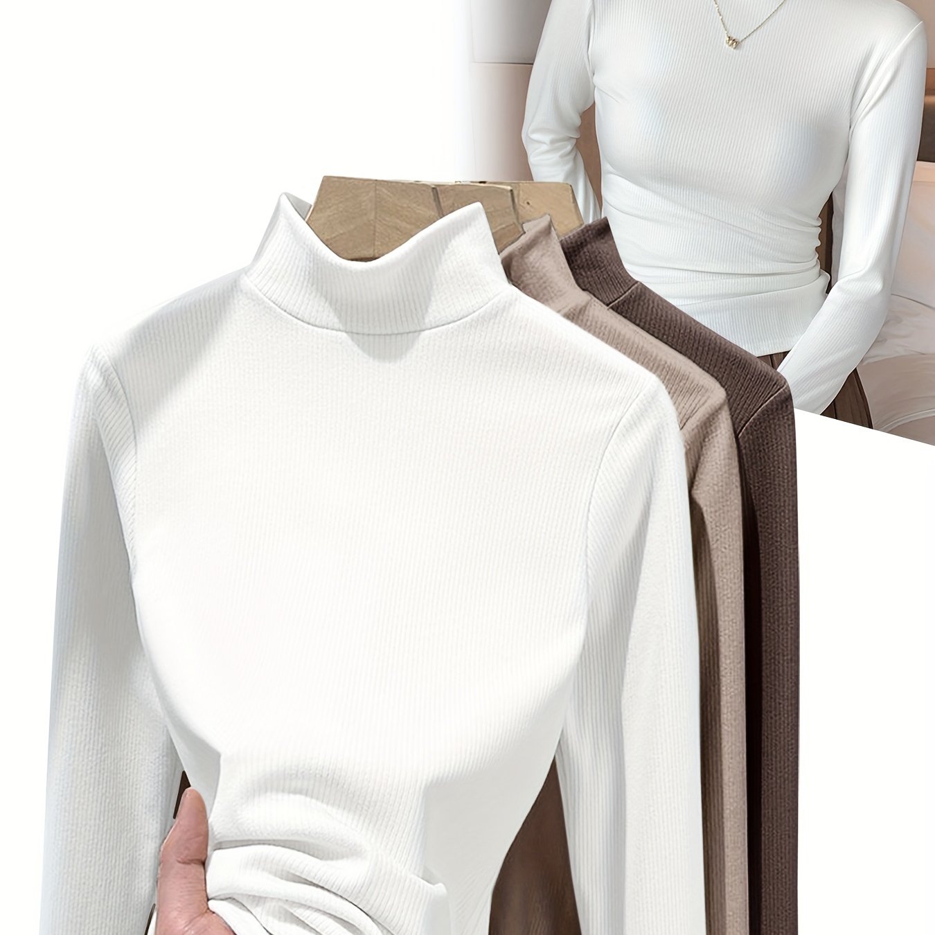 Camiseta De Cuello Alto De Tres Colores, Paquete De 3, Camiseta Delgada De Manga Larga Versátil Para Otoño E Invierno, Ropa De Mujer