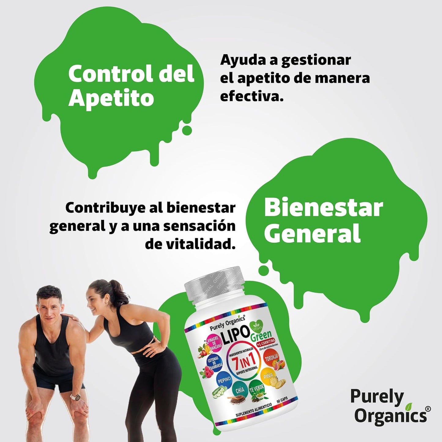 LipoGreen 7 en 1. Vinagre de Manzana, Carnitina, Extracto de piña, Cetonas de frambuesa, Té verde, Chía, Extracto de pepino, Toronja, Complementa tu estilo de vida. 1 bote con 90 Cápsulas.