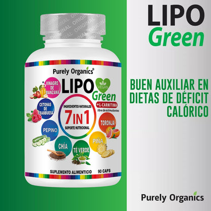 LipoGreen 7 en 1. Vinagre de Manzana, Carnitina, Extracto de piña, Cetonas de frambuesa, Té verde, Chía, Extracto de pepino, Toronja, Complementa tu estilo de vida. 1 bote con 90 Cápsulas.