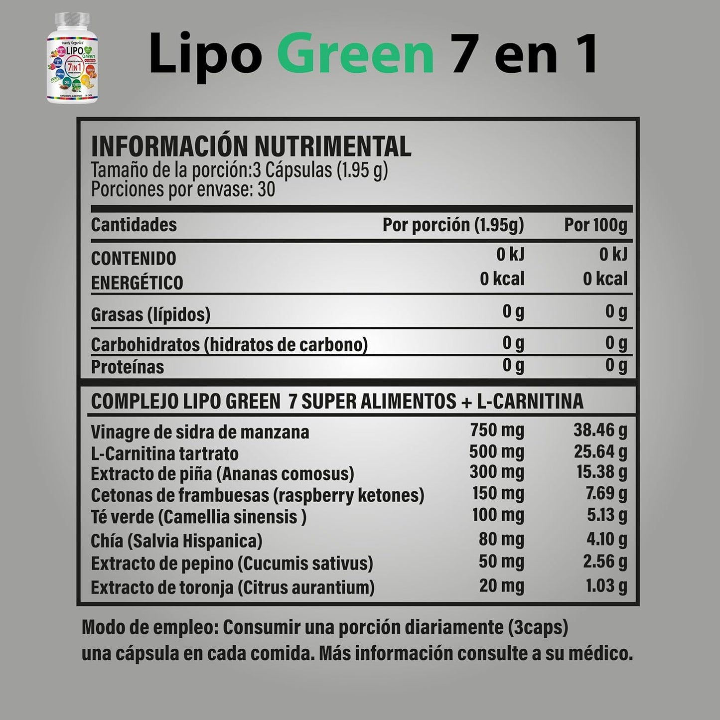 LipoGreen 7 en 1. Vinagre de Manzana, Carnitina, Extracto de piña, Cetonas de frambuesa, Té verde, Chía, Extracto de pepino, Toronja, Complementa tu estilo de vida. 1 bote con 90 Cápsulas.