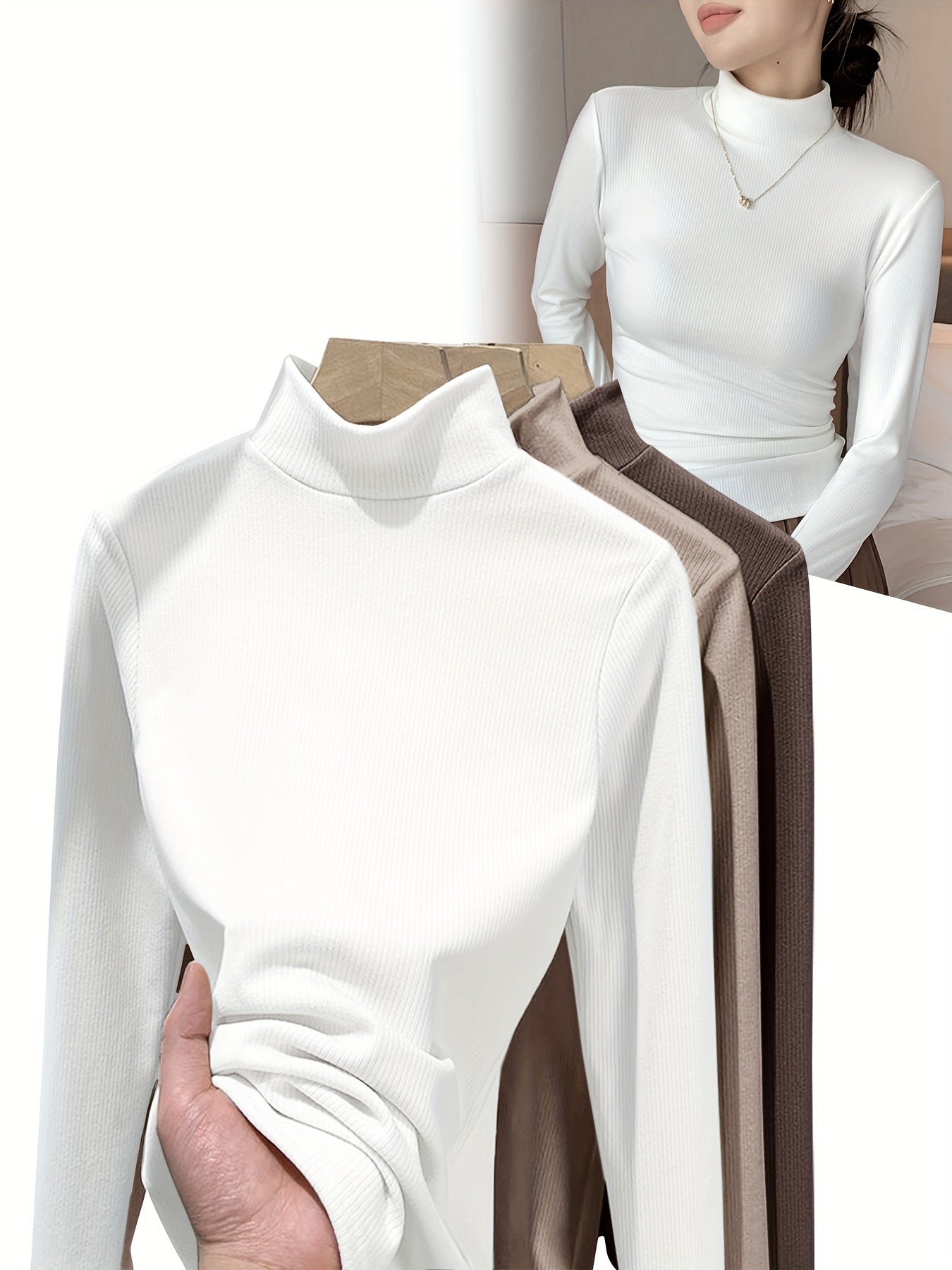 Camiseta De Cuello Alto De Tres Colores, Paquete De 3, Camiseta Delgada De Manga Larga Versátil Para Otoño E Invierno, Ropa De Mujer