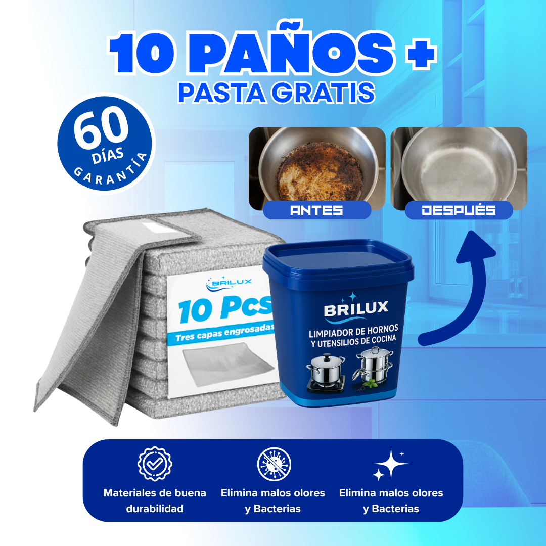BRILUX® | x10 PAÑOS DE ALAMBRE MULTIUSO + PASTA QUITA MANCHAS GRATIS